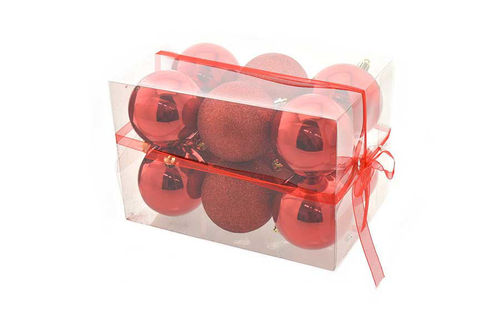 Box 12 sfere 8 cm Rosso lucido e glitter