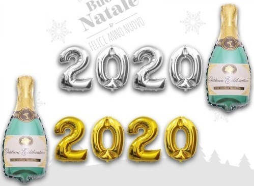 Set Palloncini Mylar 1 mt (2020+Bottiglia Spumante) Colori Assortiti 1 pz