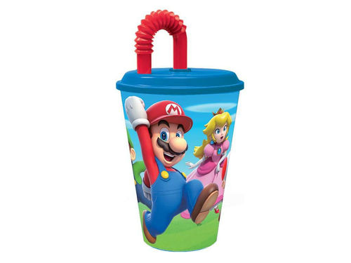 Bicchiere in plastica 430 ml con cannuccia Super Mario