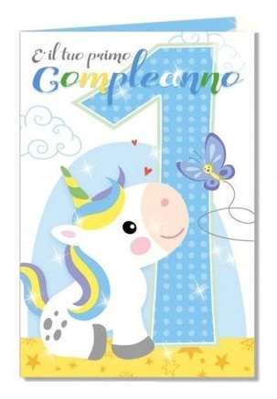 Biglietto Auguri Unicorno Azzurro con Glitter Primo Compleanno Bimbo