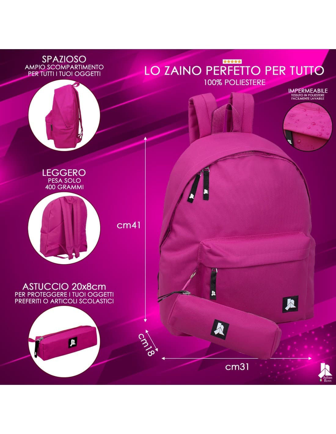Julian Ross Zaino con astuccio Scuola Fucsia - immagine 5